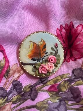 Handmade Brooch hand painted monarch butterfly polymer clay flowers pin